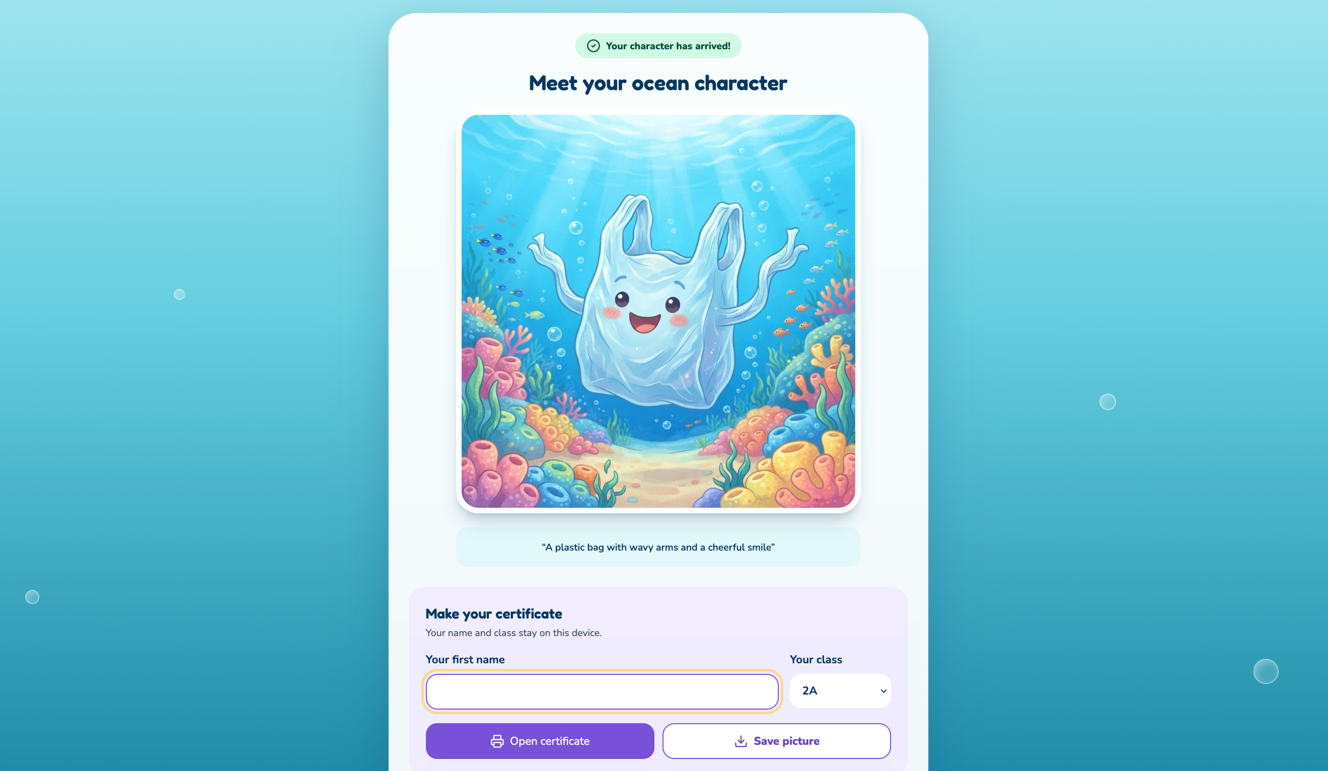The Grade 1 AI Character Builder interface
